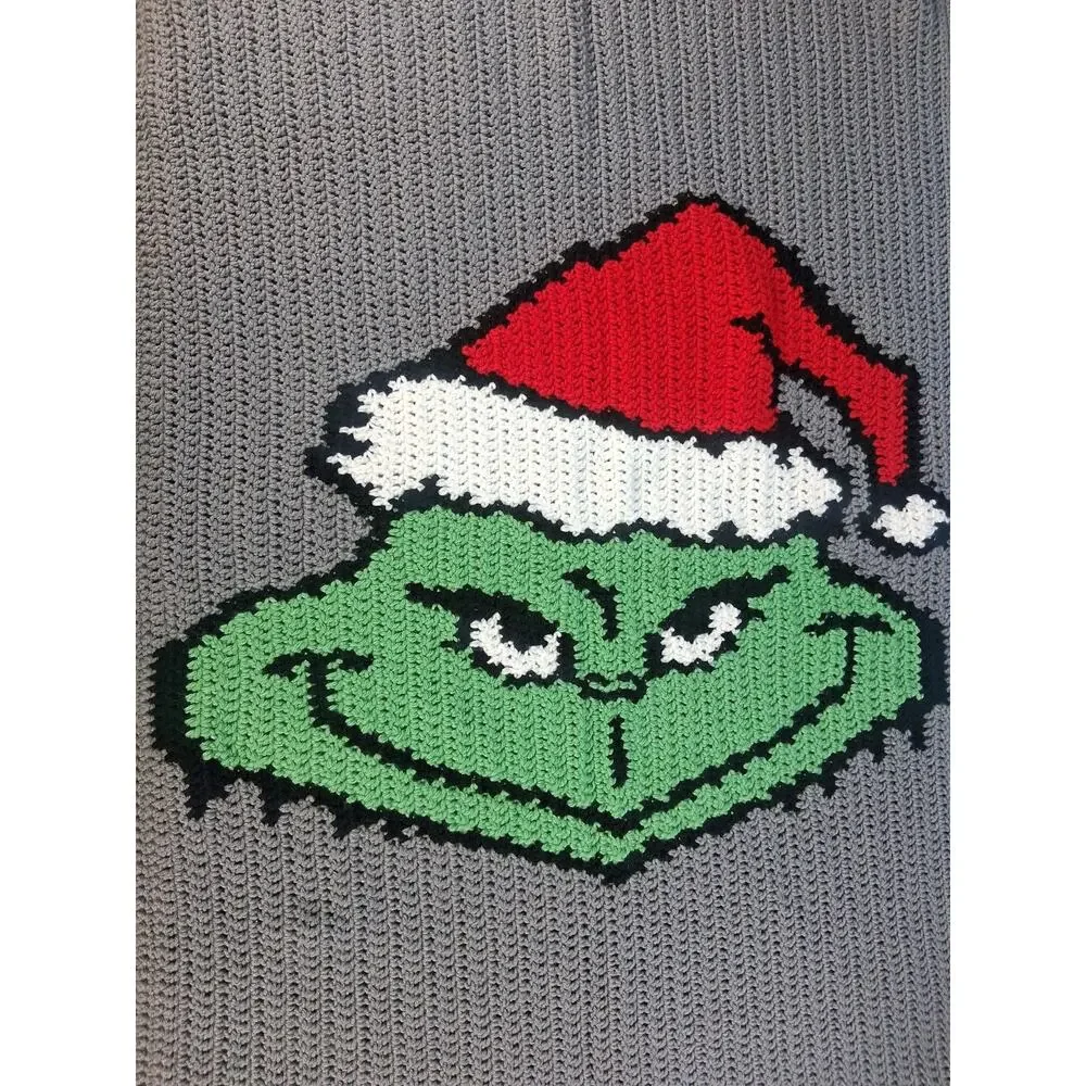 Handmade Crocheted Grinch Blanket 48 × 28 Green Grey Christmas Playful Winter